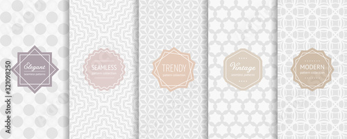 Subtle vector seamless patterns. Collection of elegant geometric background swatches with classic minimal labels. Simple abstract vintage textures. Light pastel design for decoration, cover, package