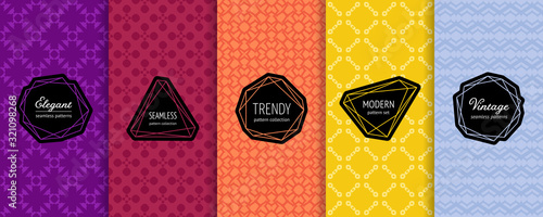Vector ornamental seamless patterns. Set of elegant geometric background swatches with elegant minimal stickers. Abstract modern textures collection. Design in purple, wine, orange, yellow, blue color