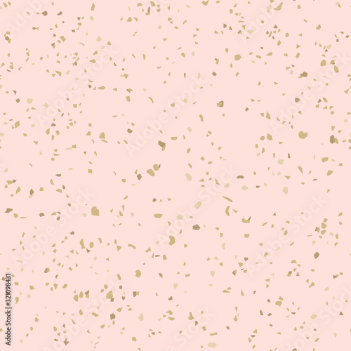 Golden terrazzo flooring texture. Vector seamless pattern with chaotic scattered gold confetti on pink background. Luxury mosaic floor surface. Trendy grunge design for decor, gift paper, print, cover