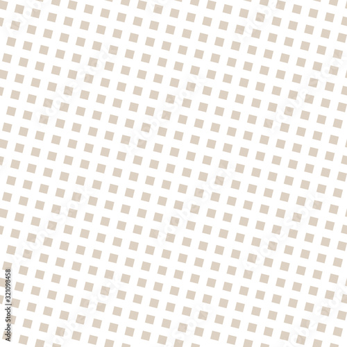 Checkered seamless pattern. Beige and white vector geometric texture with small squares in diagonal rows. Subtle abstract chequered background. Simple minimalist repeat design for fabric, wallpapers