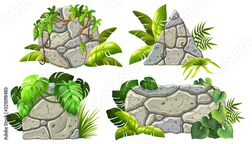 Stone boards decoration liana branches and tropical leaves. Set isolated cartoon vector circle and square frames with space for text on white background.
