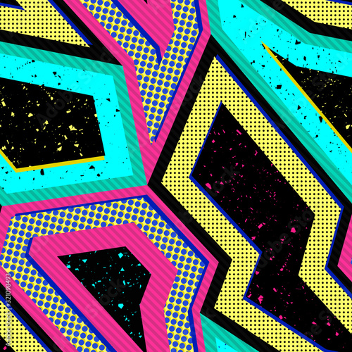 Vector abstract seamless pattern with geometric shapes, colorful elements. Retro vintage art print. 1980s - 1990s fashion, Memphis style design. Grunge urban texture. Trendy repeatable background