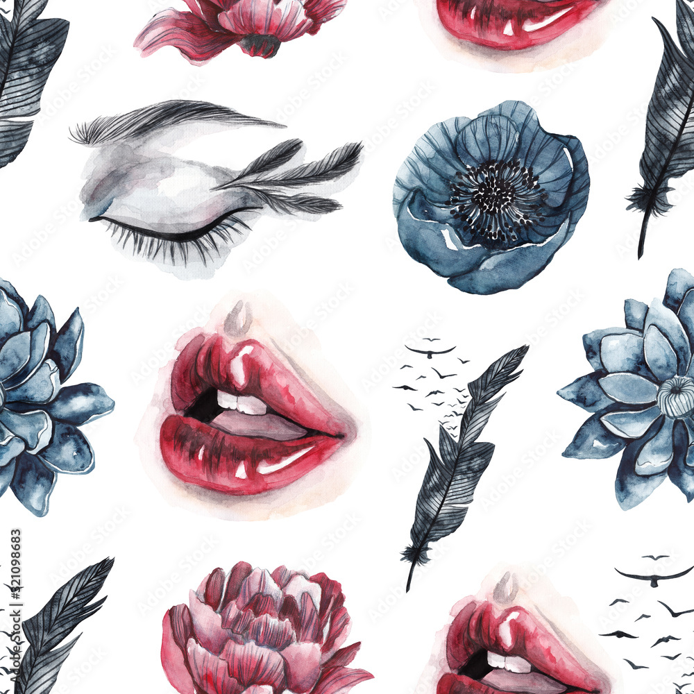 Obraz Wzór z akwarela oczy i usta, pióra i ptaki, czerwone i niebieskie kwiaty. Tło akwarela