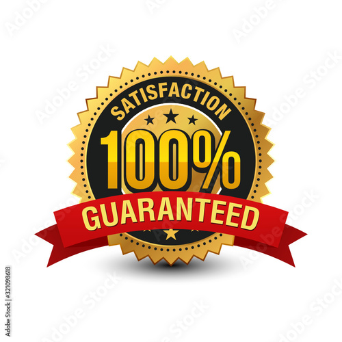 3D type 100% satisfaction guaranteed golden badge with red ribbon on top, isolated on white background.
