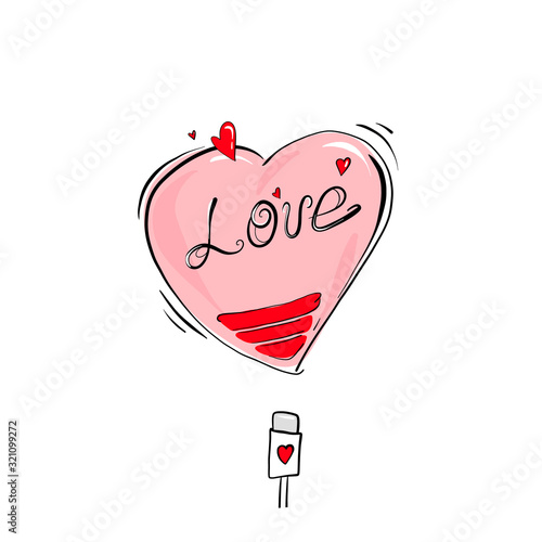 Depleted heart that requires recharging, the concept of a departed love or a sick heart. Hand-drawn in a flat cartoon style. Doodle for textiles, t-shirts or postcards.