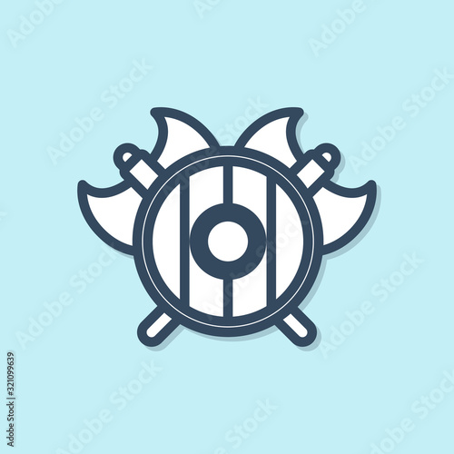 Blue line Medieval shield with crossed axes icon isolated on blue background. Battle axe, executioner axe. Vector Illustration