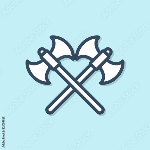 Blue line Crossed medieval axes icon isolated on blue background. Battle axe, executioner axe. Vector Illustration