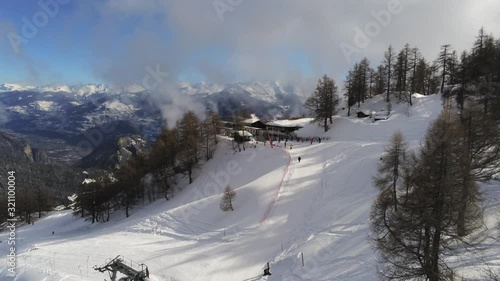 Ovronnaz ski restaurant approach - Aerial 4K photo