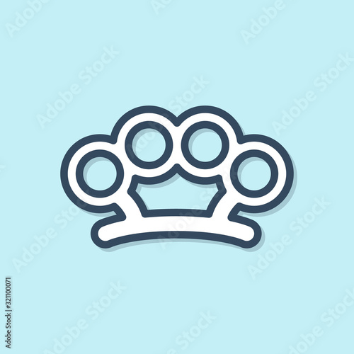 Blue line Brass knuckles icon isolated on blue background. Vector Illustration