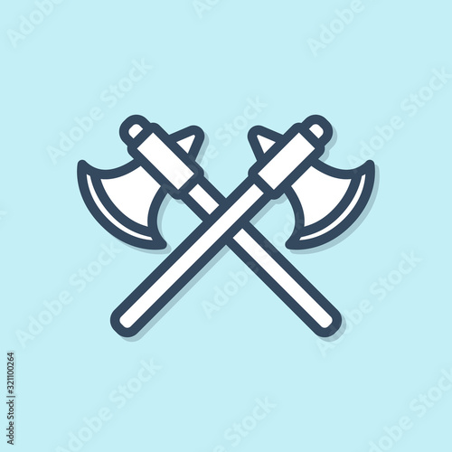 Blue line Crossed medieval axes icon isolated on blue background. Battle axe, executioner axe. Vector Illustration