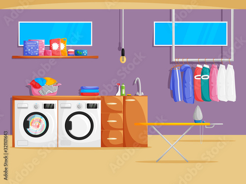 Vector laundry room interior in cartoon flat style. Illustration of basement with washing machine, dryer, clothes, shelf, powder and chemical products, windows and furniture. Cleaning Service Banner
