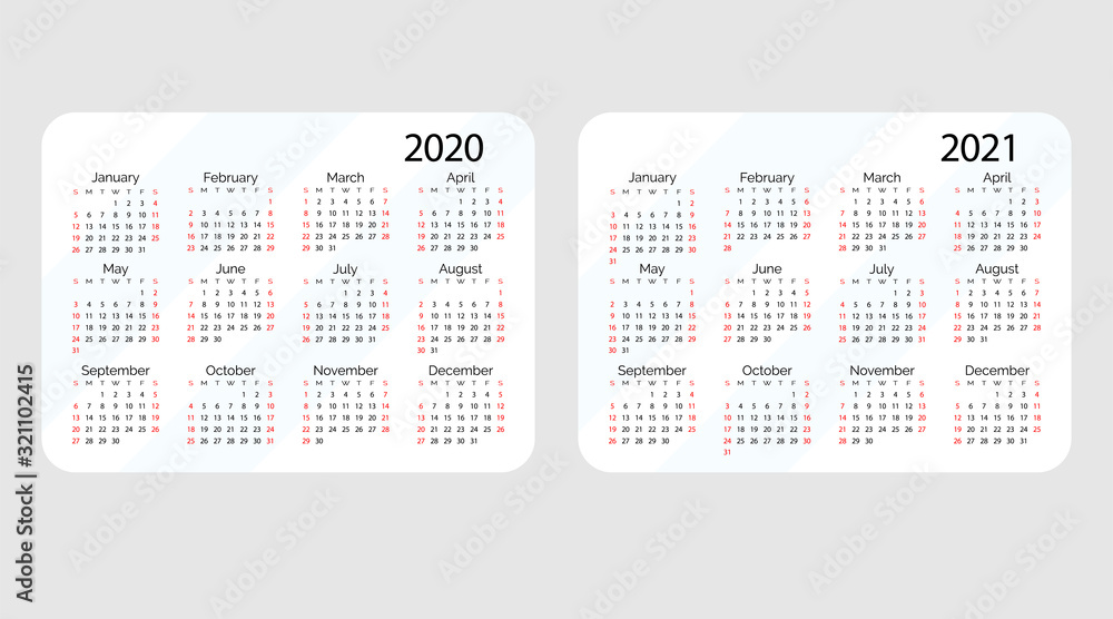 Horizontal vector pocket calendar 2020 and 2021 year set. Minimal ...