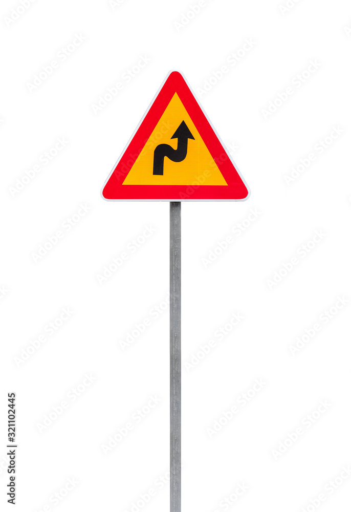 Dangerous turns, yellow triangle warning traffic sign Dangerous turns, yellow triangle warning traffic sign