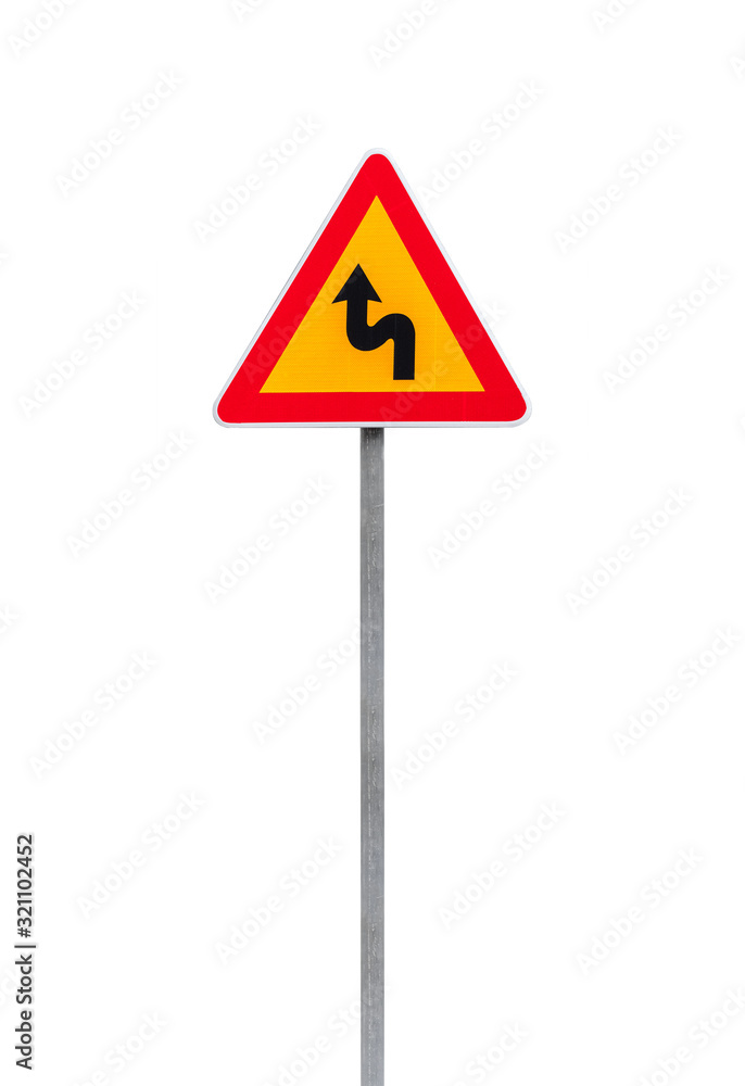 Dangerous turns, red triangle warning road sign Dangerous turns, red triangle warning road sign