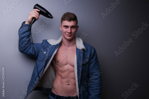 Sexy, man, hair, hairdryer, hair dryer,  abs, sexually, hairstyle, electronics store, guy, model, muscle, torso, workout