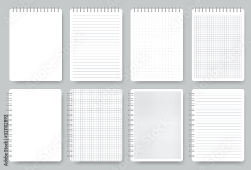Notebook page set, notepad lined and dots paper. Lined notepaper texture. Vector