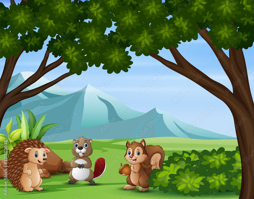 Fototapeta premium Illustration of various animals in the forest