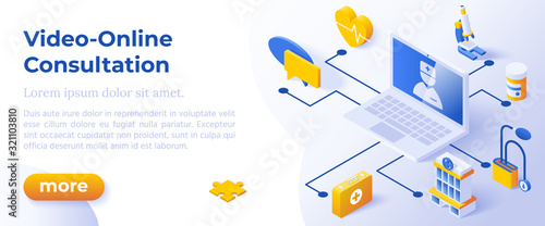 VIDEO ONLINE CONSULTATION - Isometric Design in Trendy Colors. Isometrical Icons on Blue Background. Illustration for Online Consultation WebSite or Health Monitoring Advertising Banner.