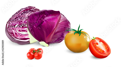 Blue cabbage and tomatoes on a white background.