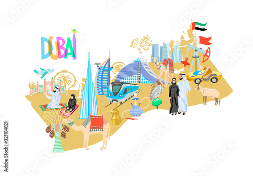 Dubai map with hand drawing icons symbols, United Arab Emirates, Middle East