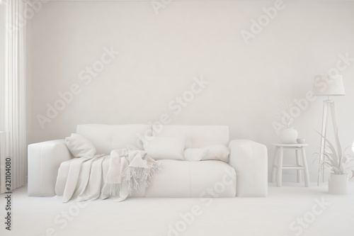 Mock up of stylish room in white color with sofa. Scandinavian interior design. 3D illustration © AntonSh