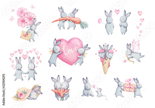 Obraz na płótnie Cute rabbits Watercolor Set Flat Illustration. Isolated Baby Bunny Collection. Pretty Little Hare Character Cartoon Style. Drawn Fluffy Lapin Print Design. Valentines Day. Spring drawing.