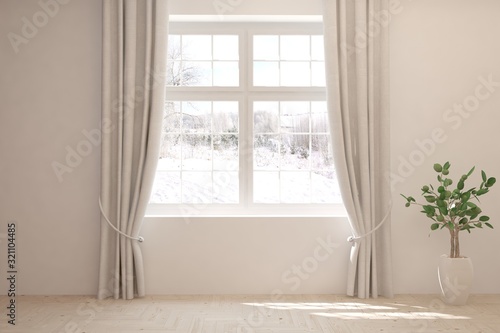 Mock up of empty room in white color with winter landscape in window. Scandinavian interior design. 3D illustration © AntonSh