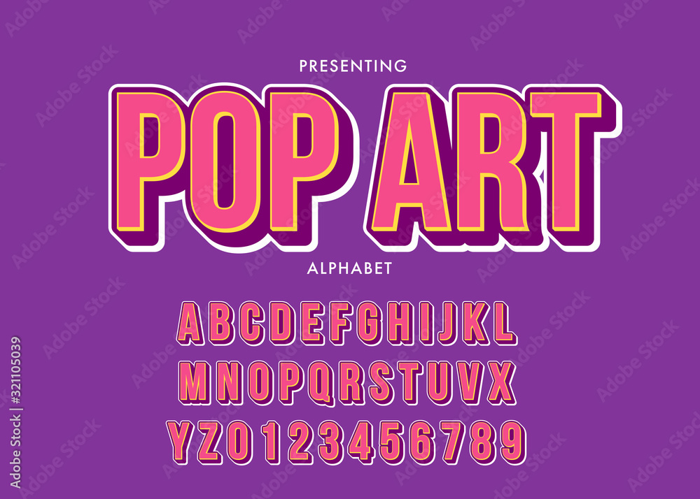 Set of pop art style alphabet letters and numbers with 3d extrude effect for t-shirt design, poster headline, logotype