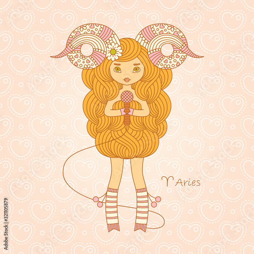 Aries Zodiac horoscope sign. Vector cartoon illustration of amusing singing girl. Delicate background with hearts