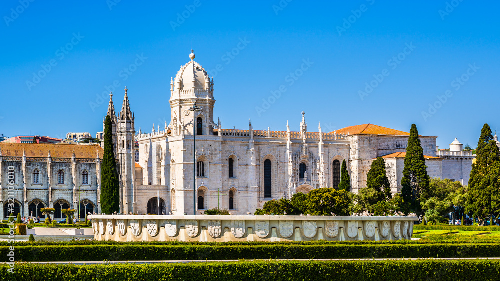 Panorama of the Jeronimos Monastery or Hieronymites Monastery, former monastery of the Order of Saint Jerome and the Maritime Museum in the parish of Belem, Lisbon, Portugal