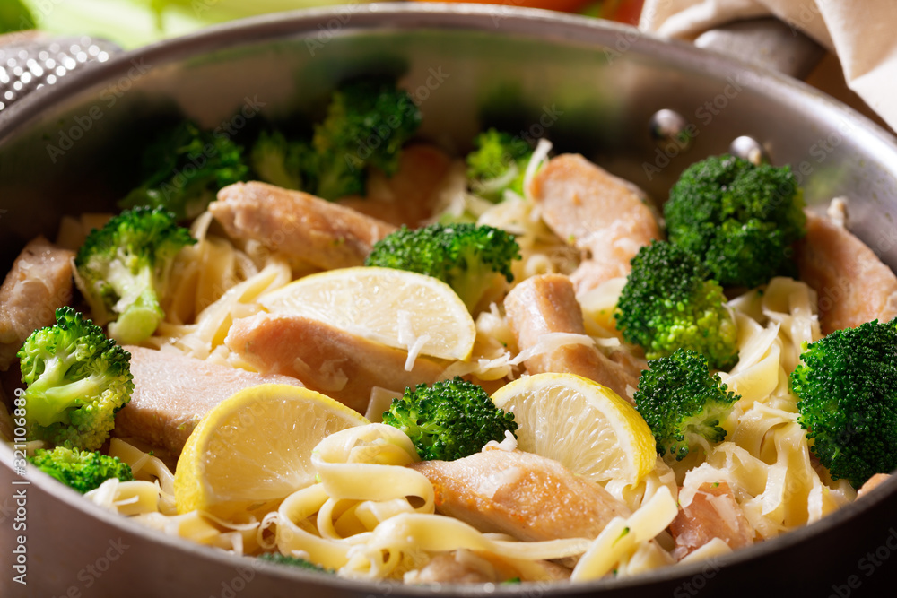 pan of pasta with chicken and broccoli pan of pasta with chicken and broccoli