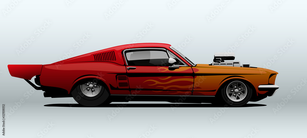 Red dragster in vector. View from side.