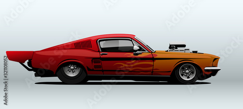 Red dragster in vector. View from side.