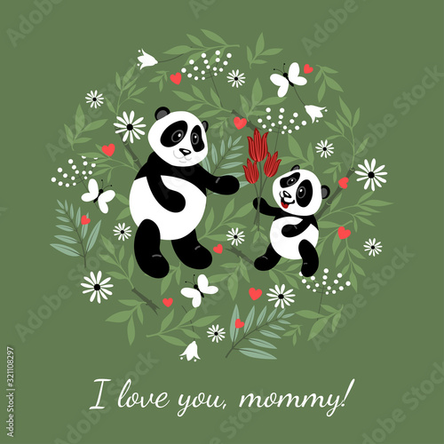 Fototapeta Naklejka Na Ścianę i Meble -  Little cute panda gives mom flowers. Illustration for children decorated with plant elements.