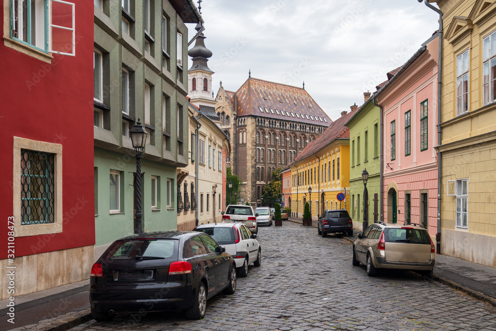 Cobblestone medieval street in Budapest, Hungary