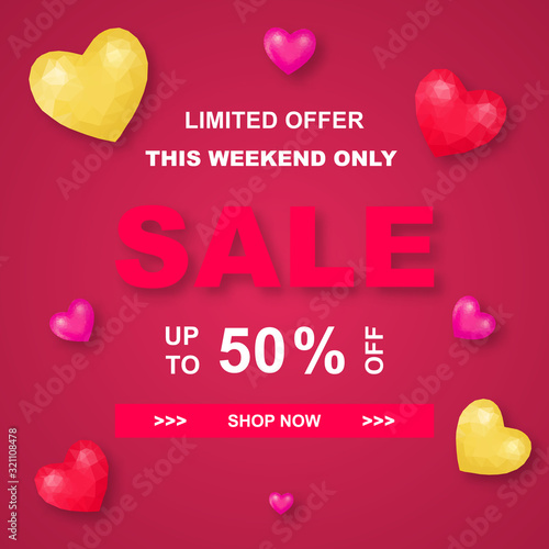 Sale poster. Hearts on the red background. Low poly style. Up to 50 off. Vector Illustration with Seasonal Offer.