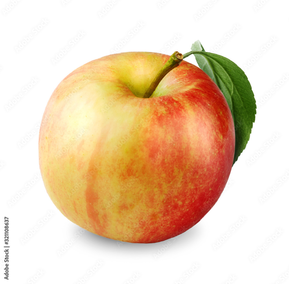 Yellow red apple isolated on white background. Fresh beutiful apple with green apple leaf. Yellow red apple isolated on white background. Fresh beutiful apple with green apple leaf.