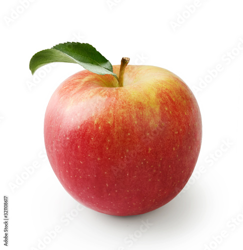 Yellow red apple isolated on white background. Fresh beutiful apple with green apple leaf.