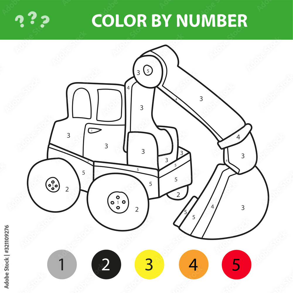 Color by number educational game for kids. Cartoon excavator. Vector ...