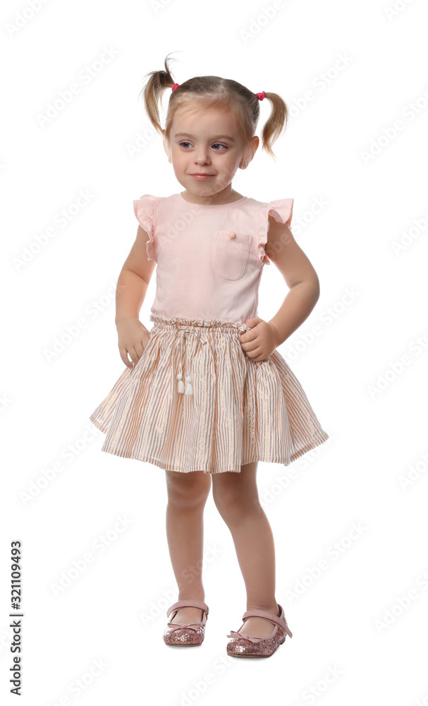 Little girl in cute clothes on white background Little girl in cute clothes on white background
