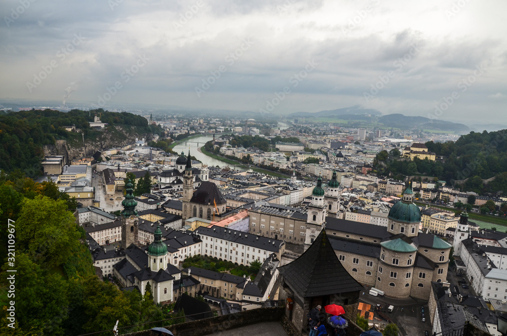 A view out over the historic city of Salzburg, Austria, from the castle.