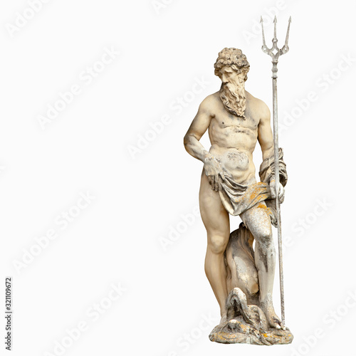 God of seas and oceans Neptune (Poseidon). The ancient statue isolated on white background.