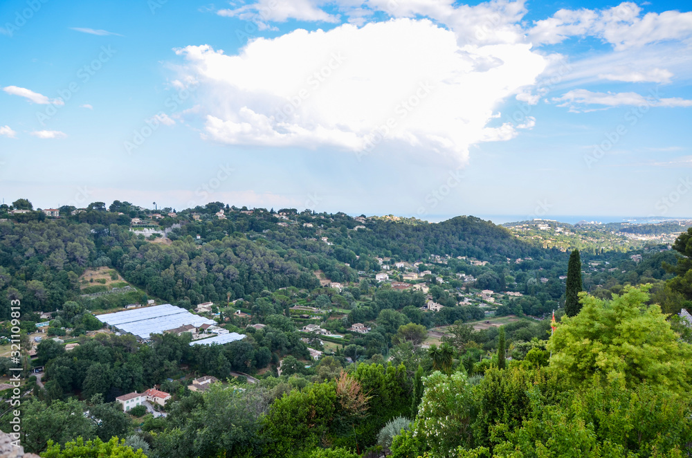 Panoramic rural landscape near the village Saint-Paul-de-Vence, Provence, Alpes-Maritimes, France. The land of writers and artists