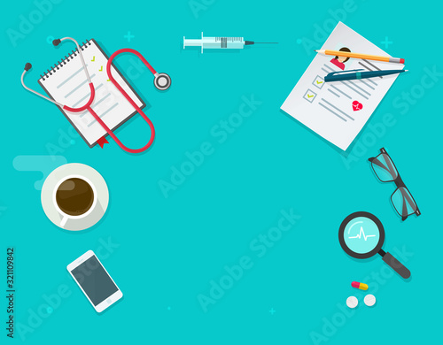 Medical clinic working table desk or doctor place of work top view copy space vector illustration flat cartoon, modern design of doctor workplace or workspace above with patient health documents image