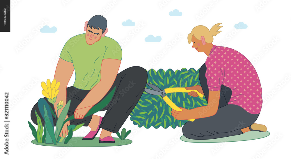 Gardening people set, spring - modern flat vector concept illustration of young brunette man sitting on the ground in squatting position planting flower. A blond woman cutting a bush with hedge