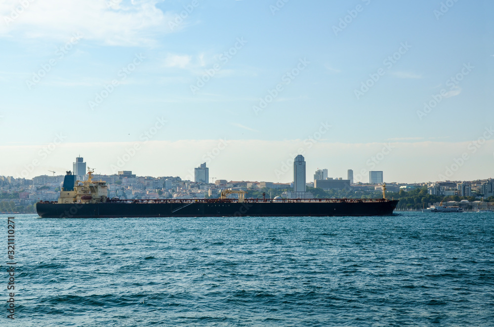 A shipping tanker in the Bosphorus Strait in Istanbul, Turkey.