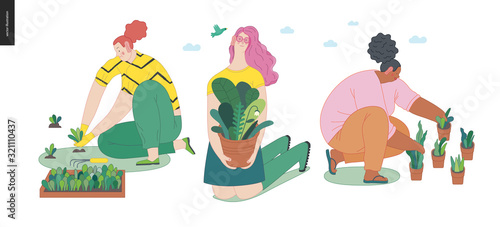 Gardening people set, spring -modern flat vector concept illustration of diverse people -men and women, doing hobby garden work -watering, planting, cutting, hoeing, arranging Spring gardening concept