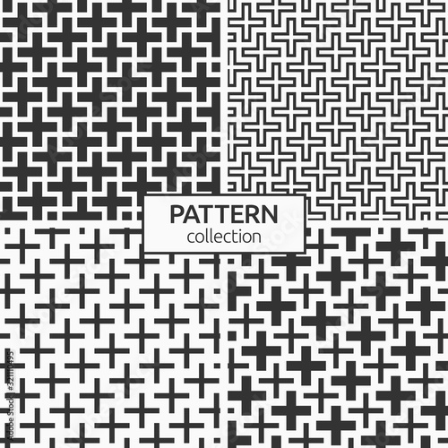 Set of four abstract seamless pattern of crosses. Modern stylish texture. Regularly repeating geometrical tiles. Flat design. Vector monochrome backgrounds.