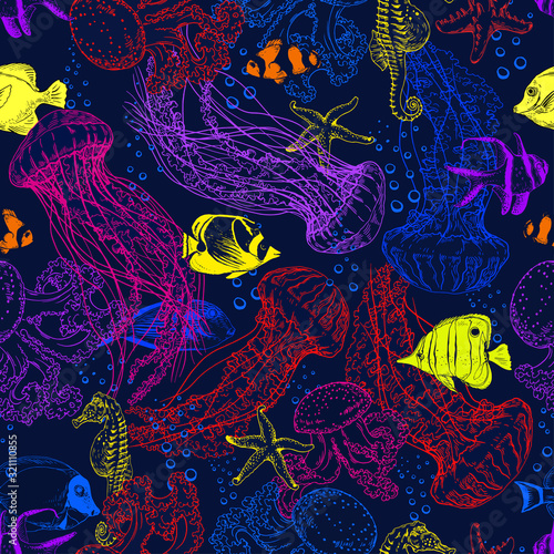 Seamless pattern with jelly fishes and colorful tropical fishes.