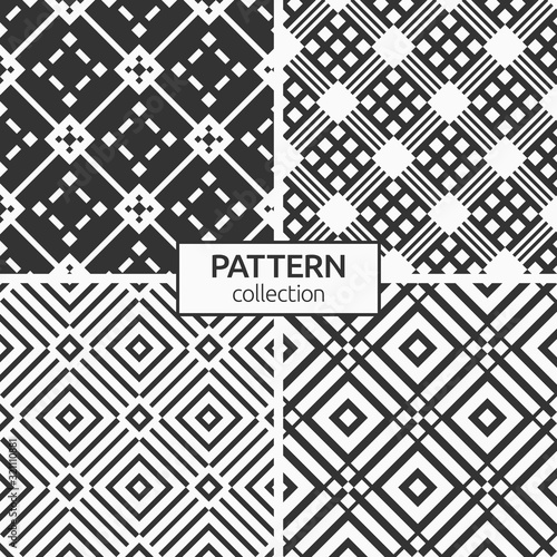 Set of four abstract rhombuses seamless patterns. Modern stylish textures. Regularly repeating geometrical ornaments. Digital paper, textile print, package, wallpaper. Vector monochrome backgrounds.